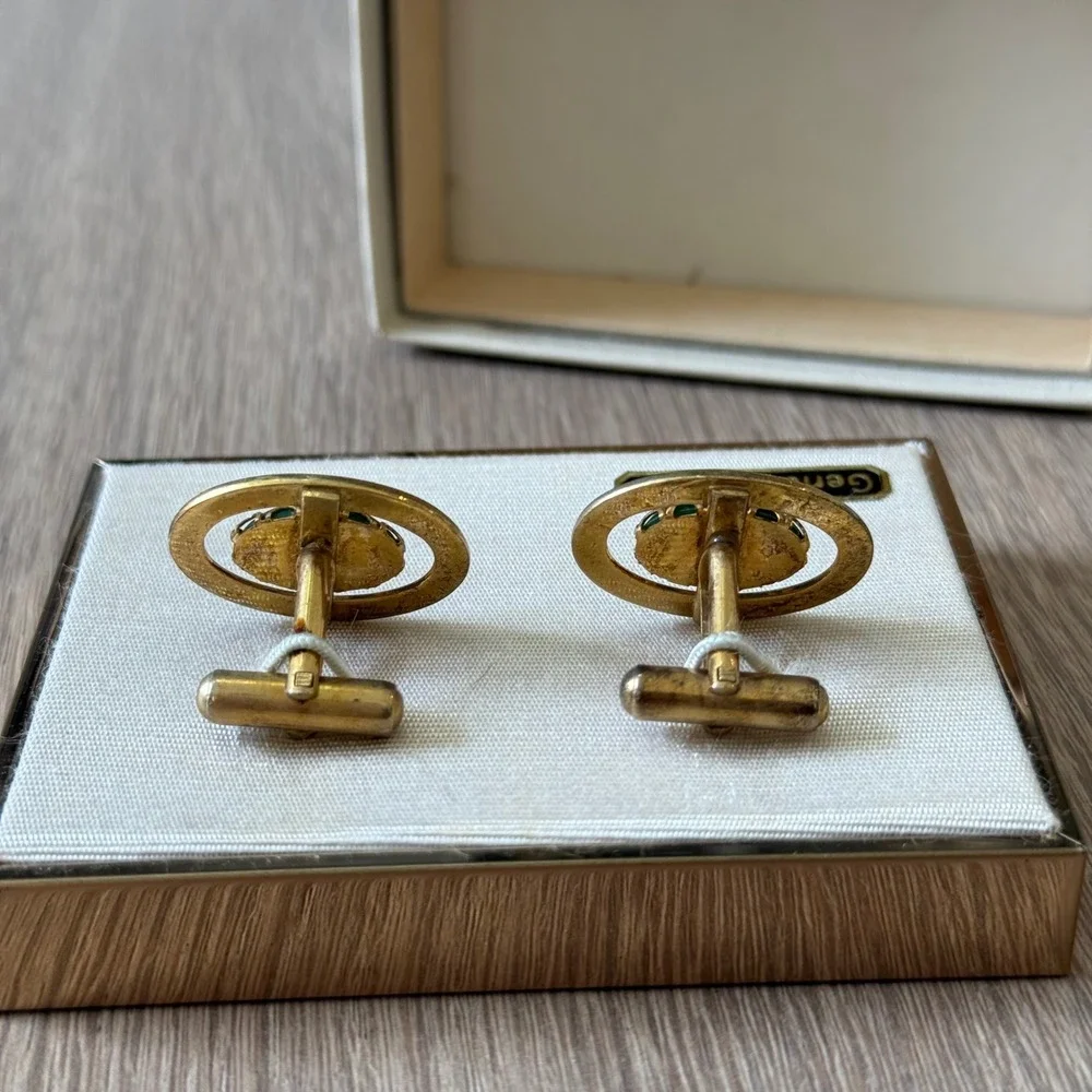 Vintage Genuine Green Jade Cufflinks Gold Green Tone‎ Oval Halo Cabochon Jewelry